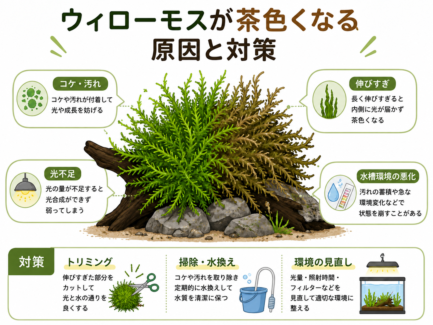ウィローモスが茶色くなる原因と対策